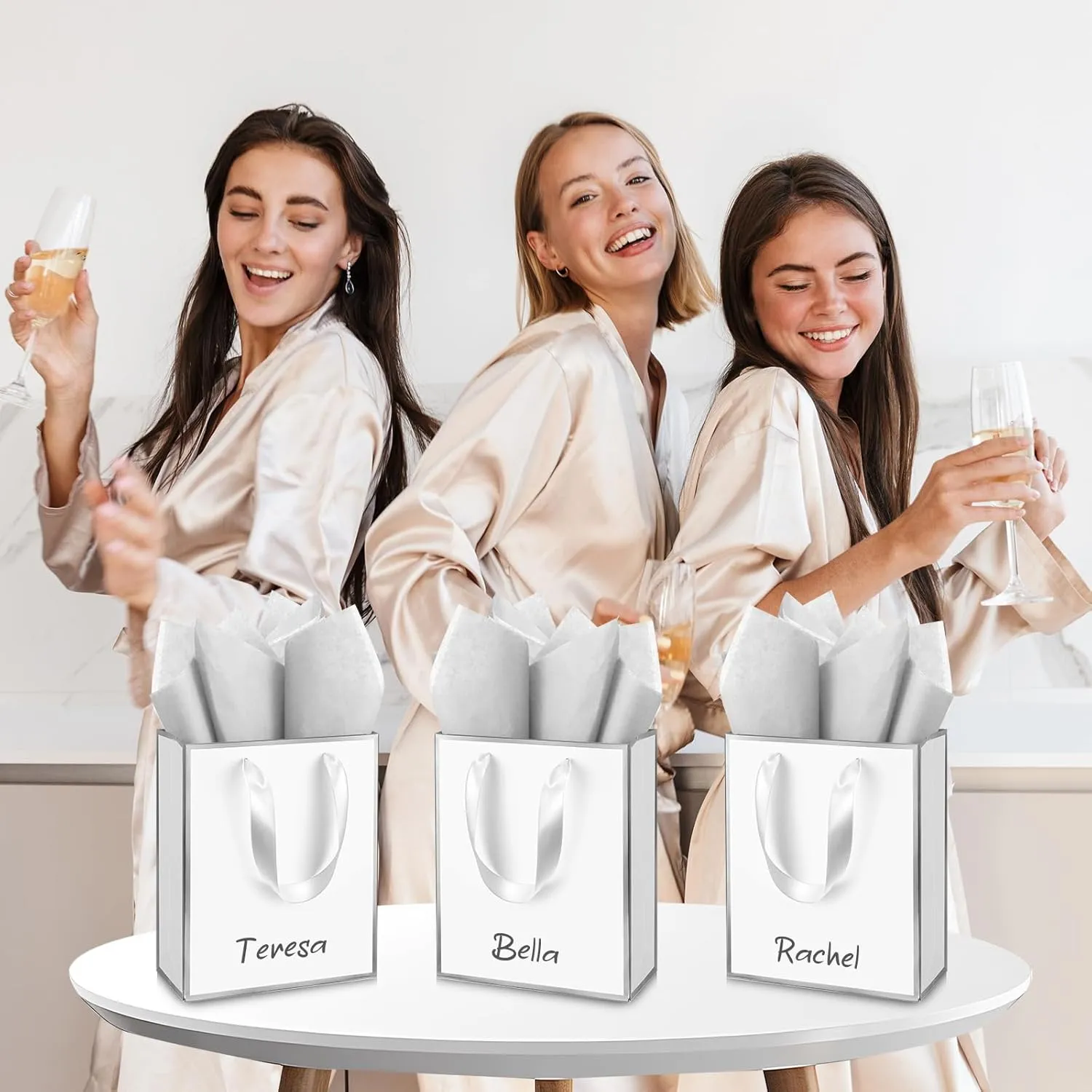 Yeaqee 50 Pack Metallic Gift Bags with Handle and Tissue Paper for Wedding Graduation Holiday Bridesmaid Thank You 5 Senses Gift Bag for Her Him Birthday 9 x 7 x 3.15''(White and Silver)
