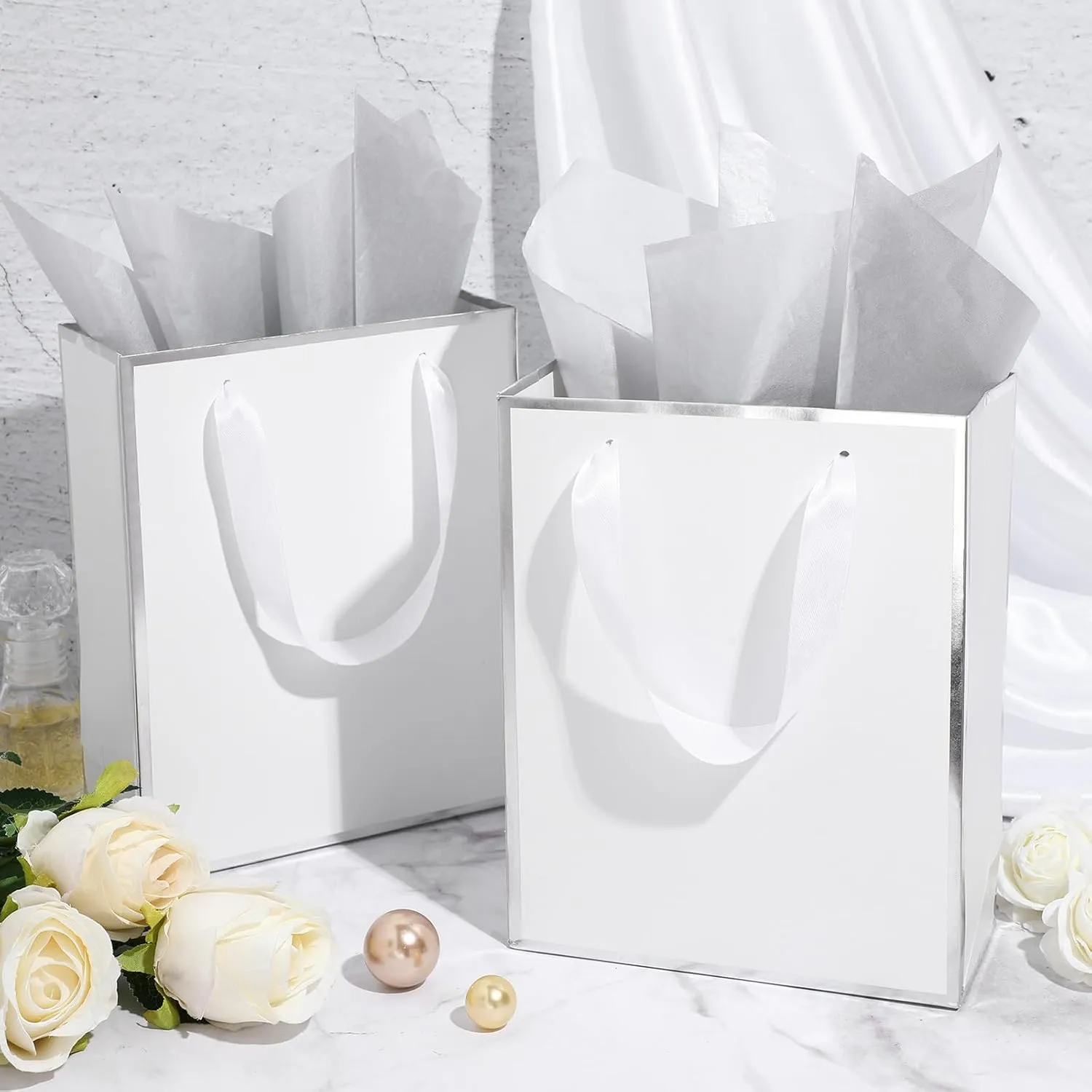 Yeaqee 50 Pack Metallic Gift Bags with Handle and Tissue Paper for Wedding Graduation Holiday Bridesmaid Thank You 5 Senses Gift Bag for Her Him Birthday 9 x 7 x 3.15''(White and Silver)