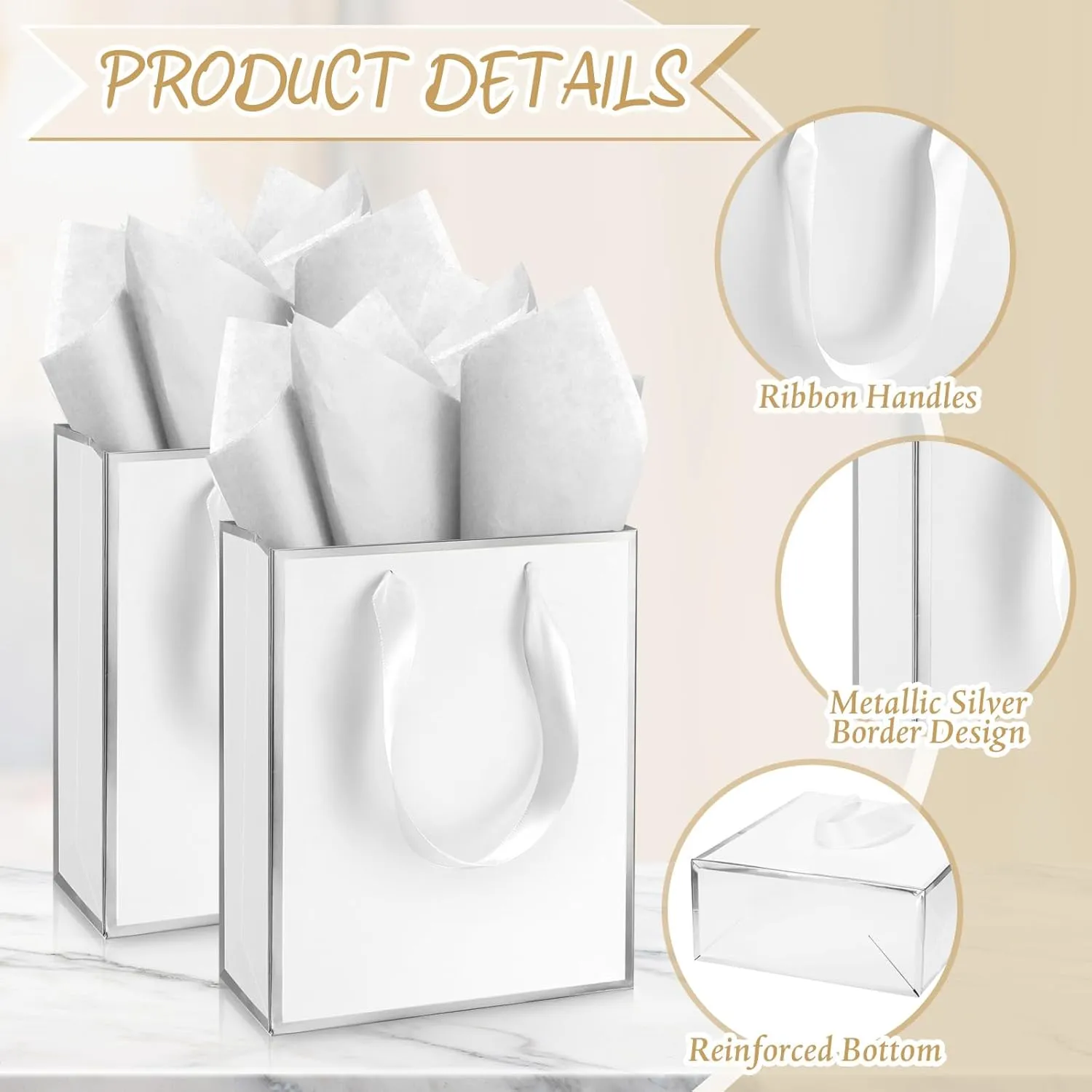 Yeaqee 50 Pack Metallic Gift Bags with Handle and Tissue Paper for Wedding Graduation Holiday Bridesmaid Thank You 5 Senses Gift Bag for Her Him Birthday 9 x 7 x 3.15''(White and Silver)