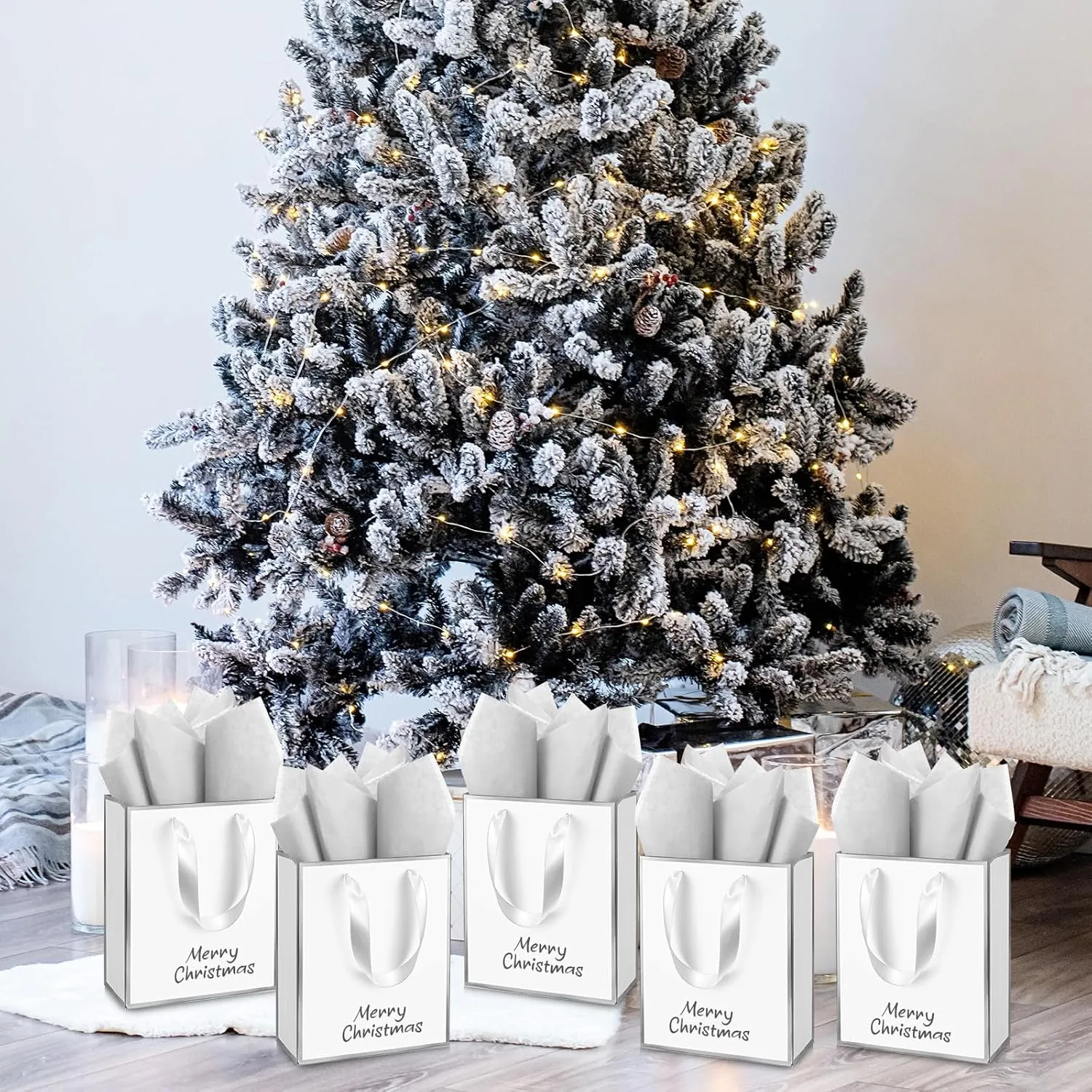 Yeaqee 50 Pack Metallic Gift Bags with Handle and Tissue Paper for Wedding Graduation Holiday Bridesmaid Thank You 5 Senses Gift Bag for Her Him Birthday 9 x 7 x 3.15''(White and Silver)