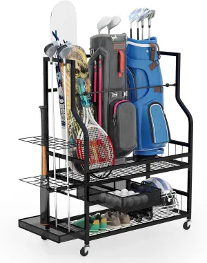 YITAHOME Golf Bag Storage Rack with Wheels, 3/4/5 Golf Bags Organizer for Garage, Club, and Shed, Features Drawer for Golf Bags, Clubs, Balls, and Other Sport Equipment