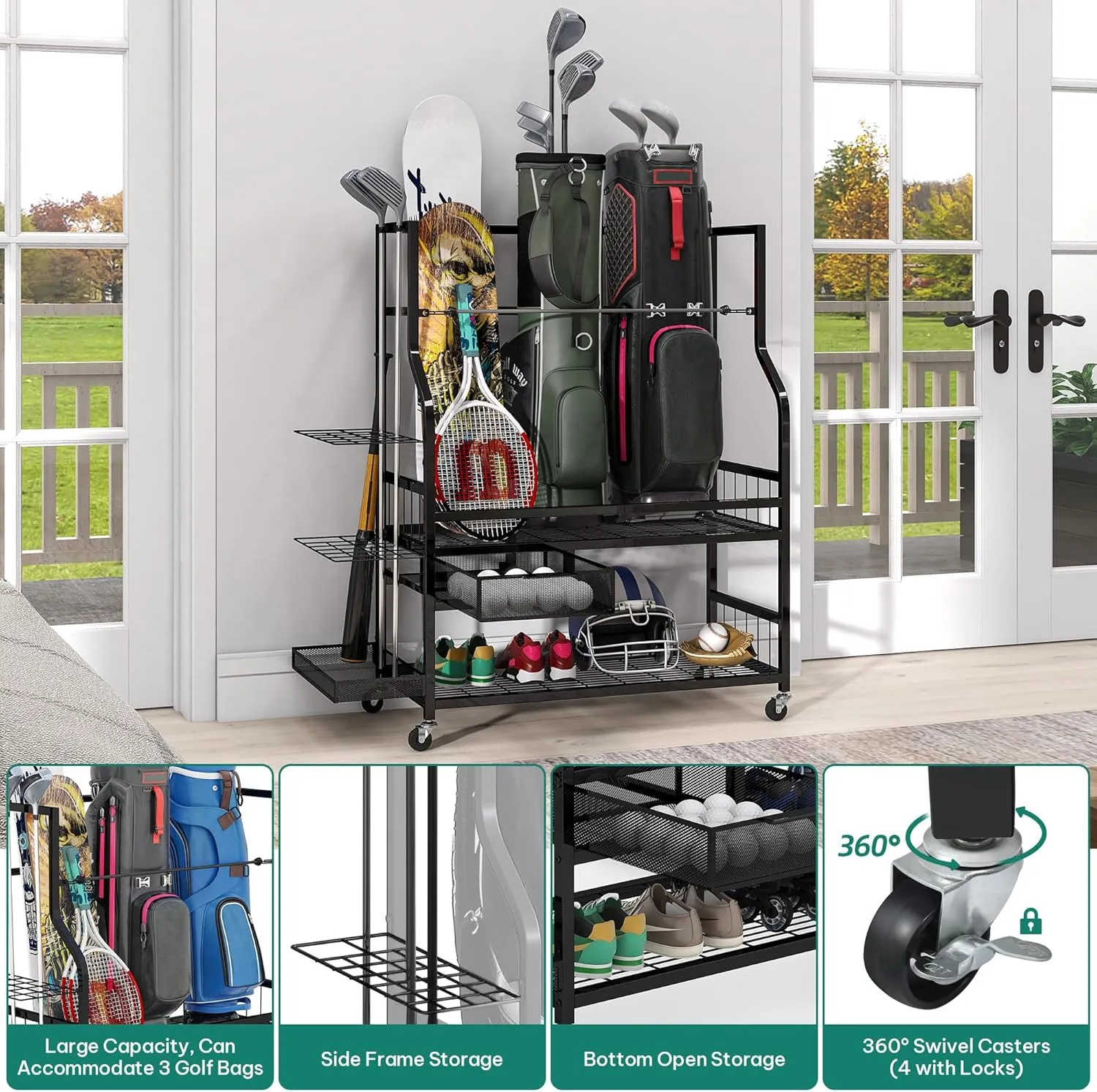 YITAHOME Golf Bag Storage Rack with Wheels, 3/4/5 Golf Bags Organizer for Garage, Club, and Shed, Features Drawer for Golf Bags, Clubs, Balls, and Other Sport Equipment