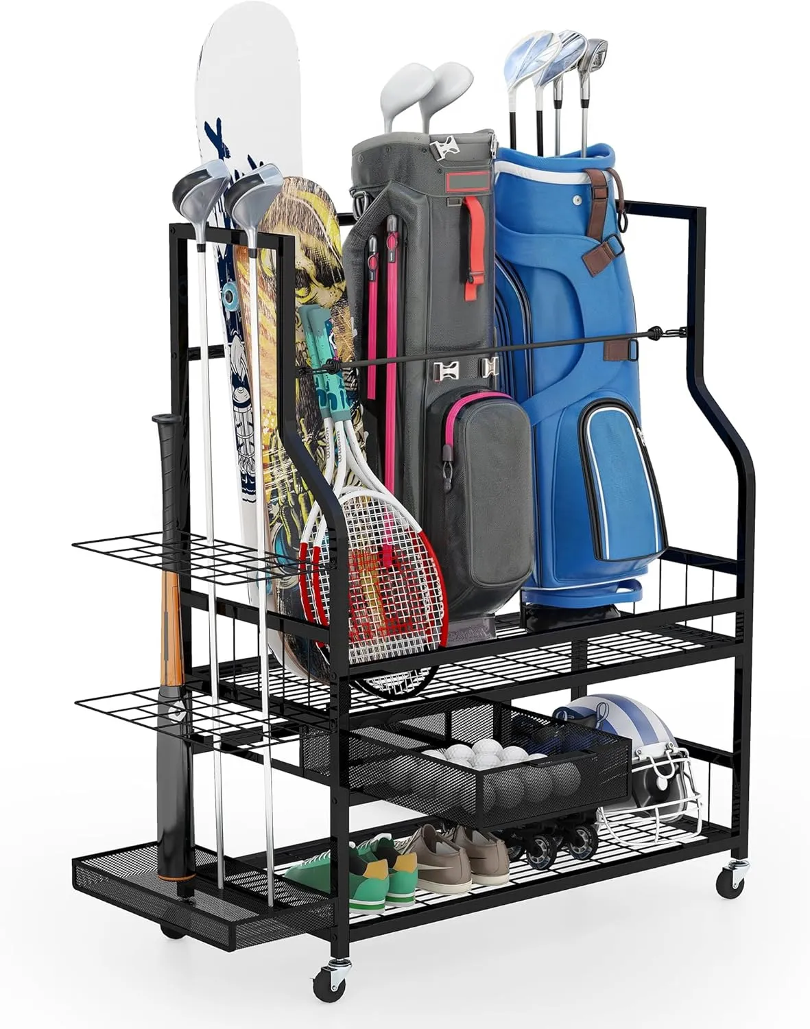 YITAHOME Golf Bag Storage Rack with Wheels, 3/4/5 Golf Bags Organizer for Garage, Club, and Shed, Features Drawer for Golf Bags, Clubs, Balls, and Other Sport Equipment