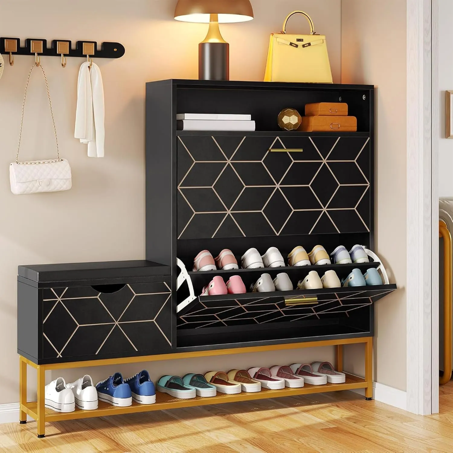 YITAHOME Large Shoe Storage Cabinet with 2 Flip Drawers for Entryway, Shoe Cabinet with Shoe Storage Bench, Hidden Narrow Shoe Rack with Doors Shoe Organizer Cabinet for Living Room, Black