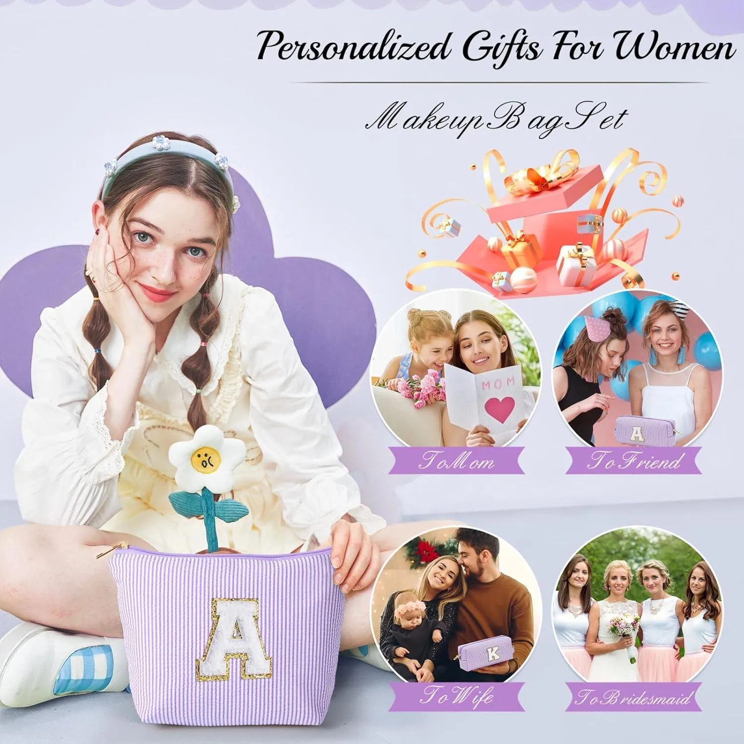 YOOLIFE Bridesmaid Gifts for Wedding Day, Bridesmaid Gifts | Bridesmaid Proposal Gifts Unique Gifts | Preppy Makeup Bag 30th Birthday Gifts for Her | Makeup Organizer Bag Preppy Stuff C- Purple