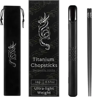 Youda 100% TITANIUM Chopsticks 1 Pairs with Black Carrying Case Ultralight and Reusable Chopsticks for Camping, Home, Travel
