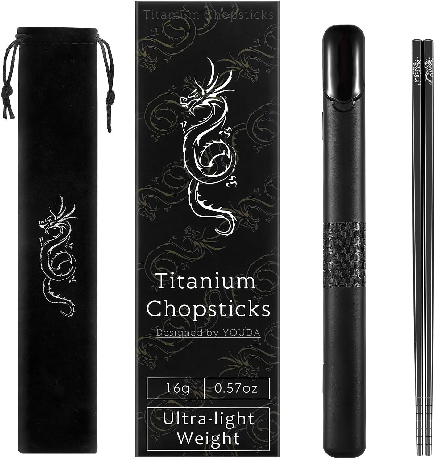 Youda 100% TITANIUM Chopsticks 1 Pairs with Black Carrying Case Ultralight and Reusable Chopsticks for Camping, Home, Travel