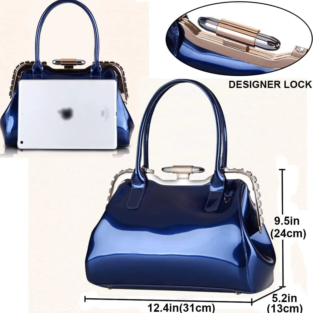 ZiMing Designer Handbags for Women Glossy Patent Leather Top Handle Handbag Purse Lock Satchel Medium Tote Bags Shoulder Bag