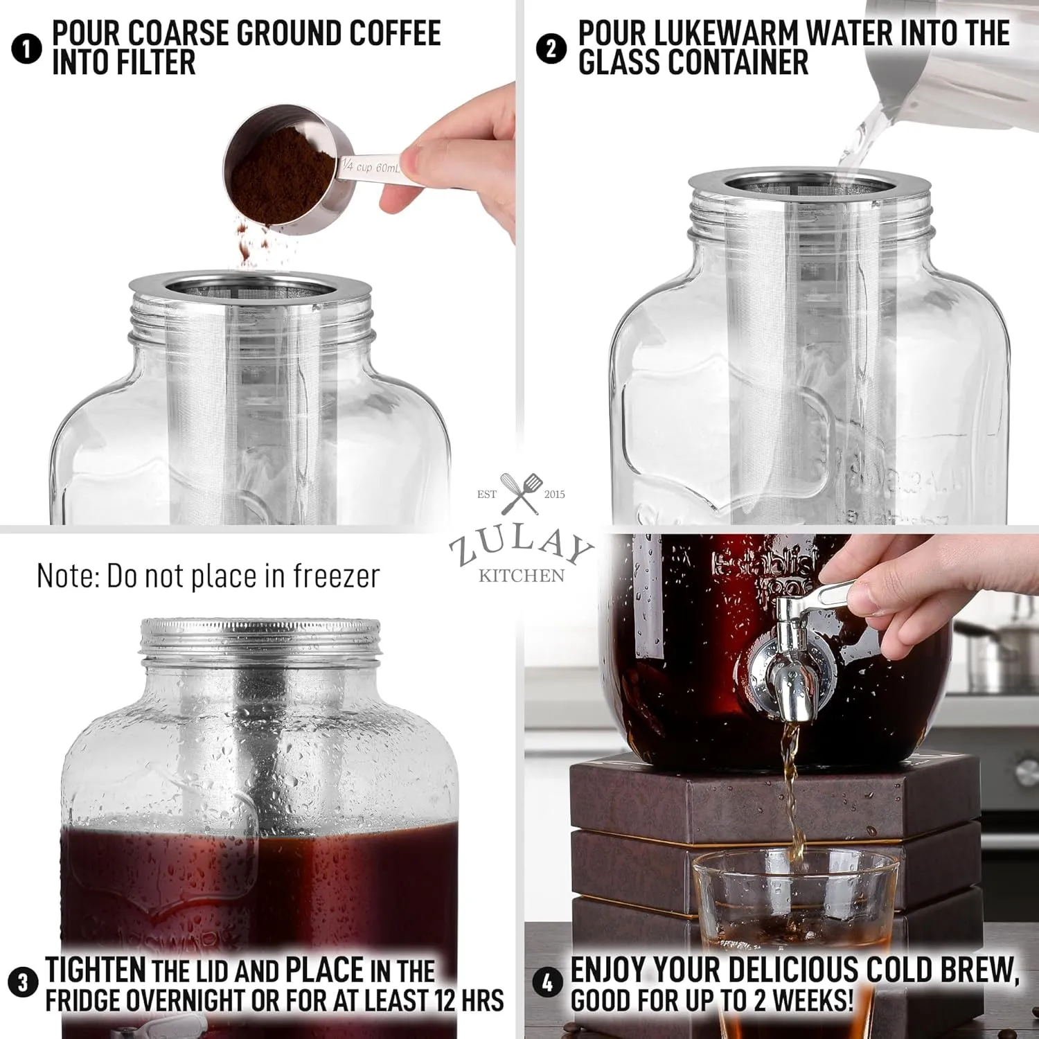 Zulay Kitchen 1 Gallon Cold Brew Coffee Maker – Glass Pitcher with Stainless Steel Filter, Airtight Lid & Spout – Large Iced Coffee & Tea Brewer for Refrigerator – Durable Extra-Thick Glass (Silver)