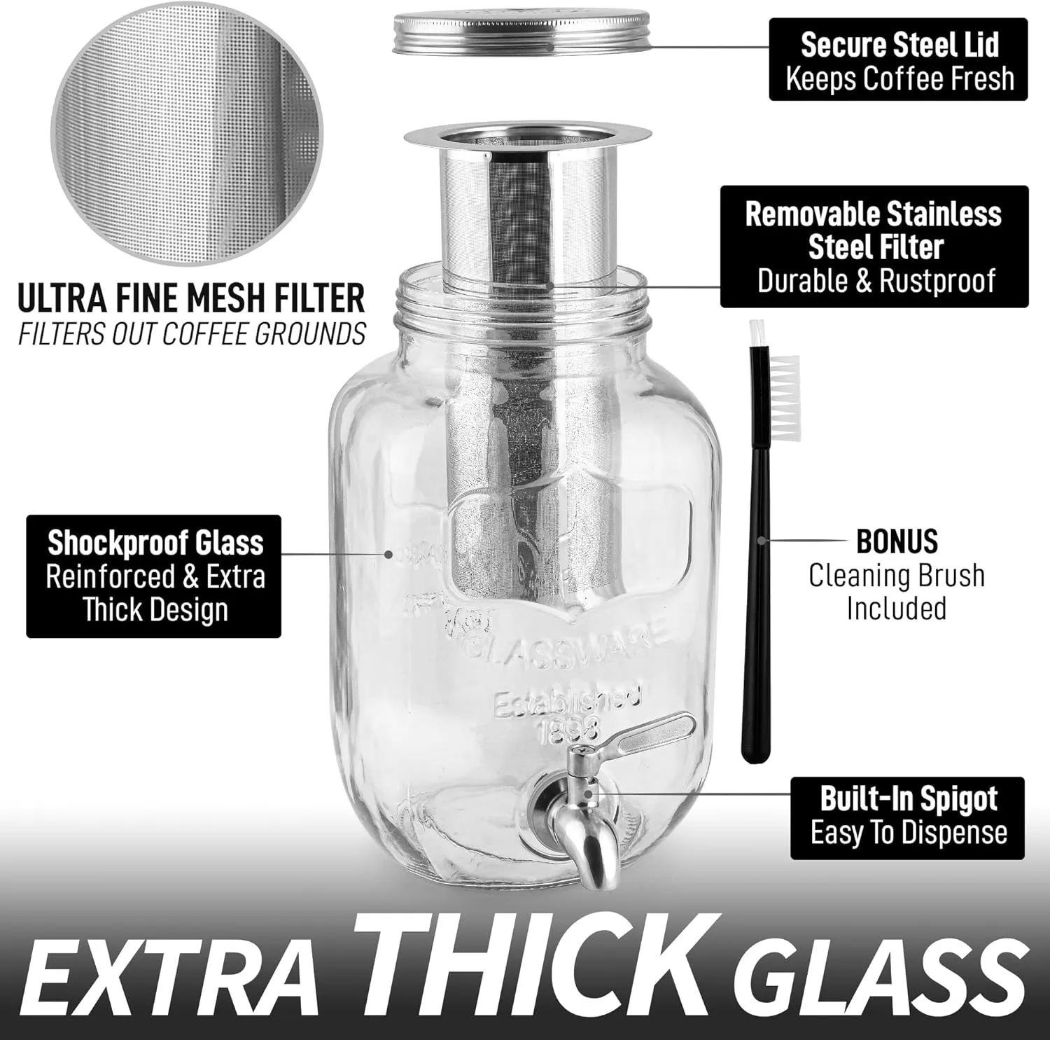 Zulay Kitchen 1 Gallon Cold Brew Coffee Maker – Glass Pitcher with Stainless Steel Filter, Airtight Lid & Spout – Large Iced Coffee & Tea Brewer for Refrigerator – Durable Extra-Thick Glass (Silver)