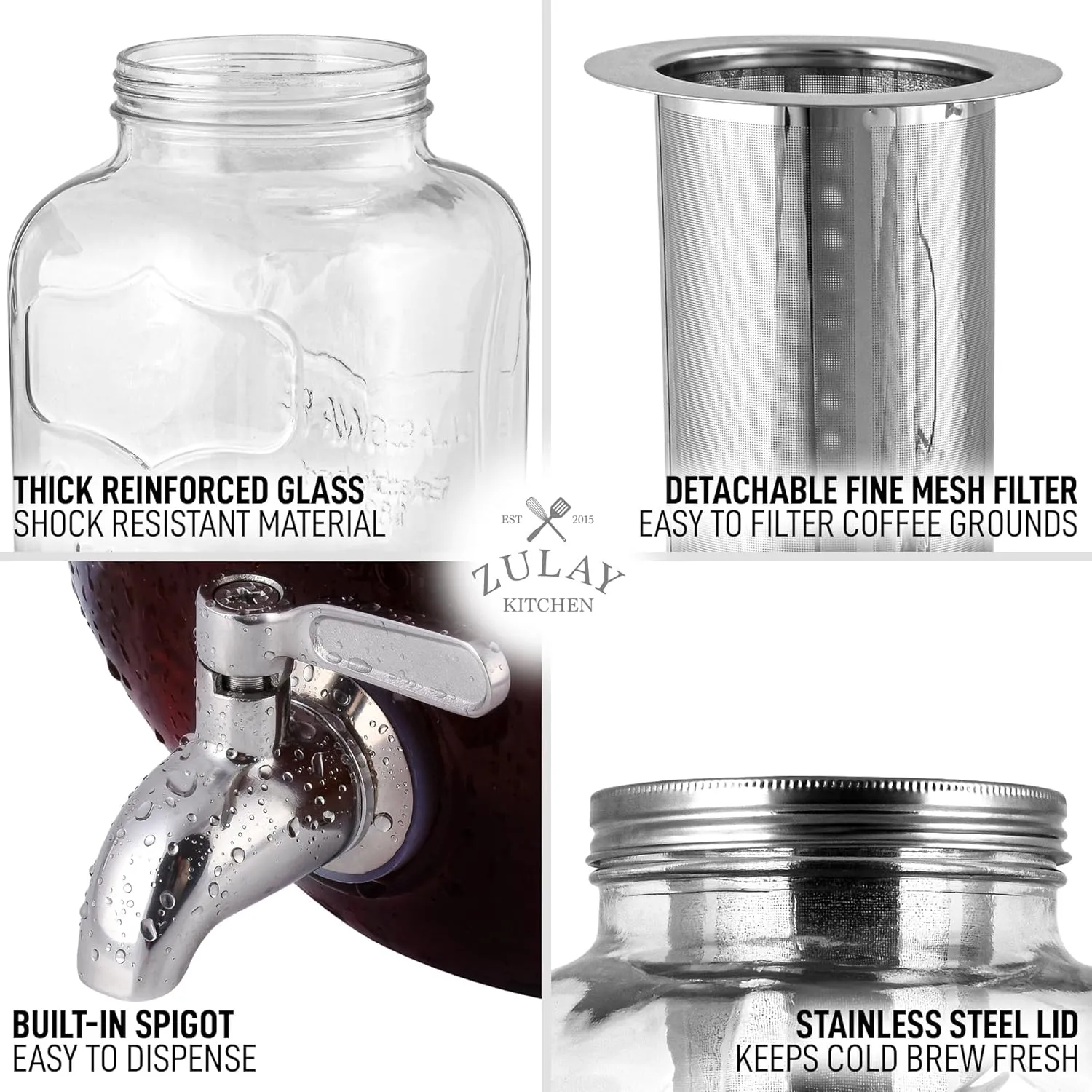 Zulay Kitchen 1 Gallon Cold Brew Coffee Maker – Glass Pitcher with Stainless Steel Filter, Airtight Lid & Spout – Large Iced Coffee & Tea Brewer for Refrigerator – Durable Extra-Thick Glass (Silver)