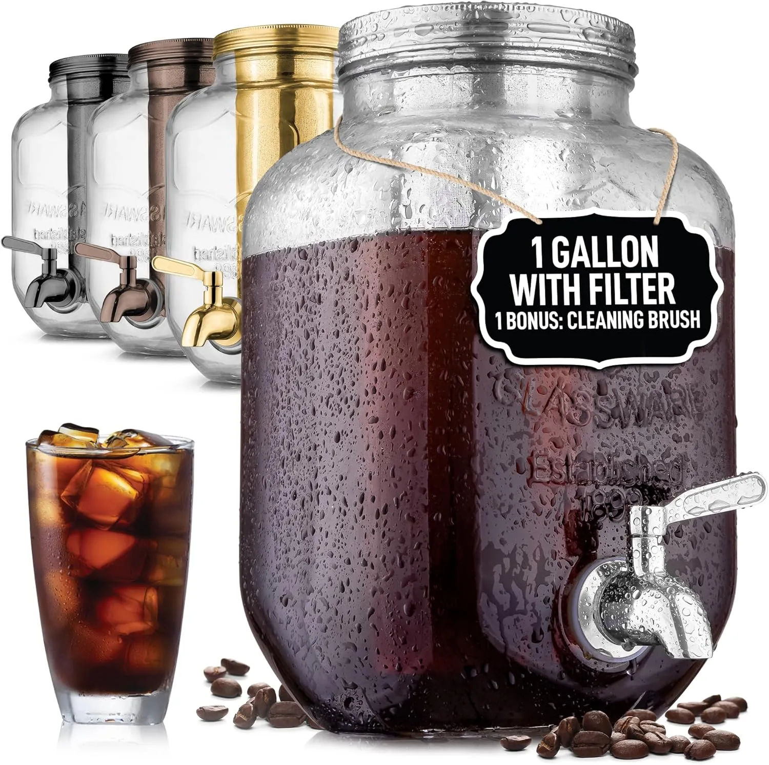 Zulay Kitchen 1 Gallon Cold Brew Coffee Maker – Glass Pitcher with Stainless Steel Filter, Airtight Lid & Spout – Large Iced Coffee & Tea Brewer for Refrigerator – Durable Extra-Thick Glass (Silver)