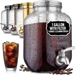 Zulay Kitchen 1 Gallon Cold Brew Coffee Maker – Glass Pitcher with Stainless Steel Filter, Airtight Lid & Spout – Large Iced Coffee & Tea Brewer for Refrigerator – Durable Extra-Thick Glass (Silver)